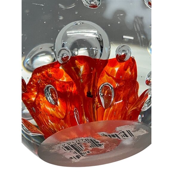 Handcrafted Clear Orange Glass Paperweight Art Piece Bubbles 3” Sphere - Picture 5 of 6